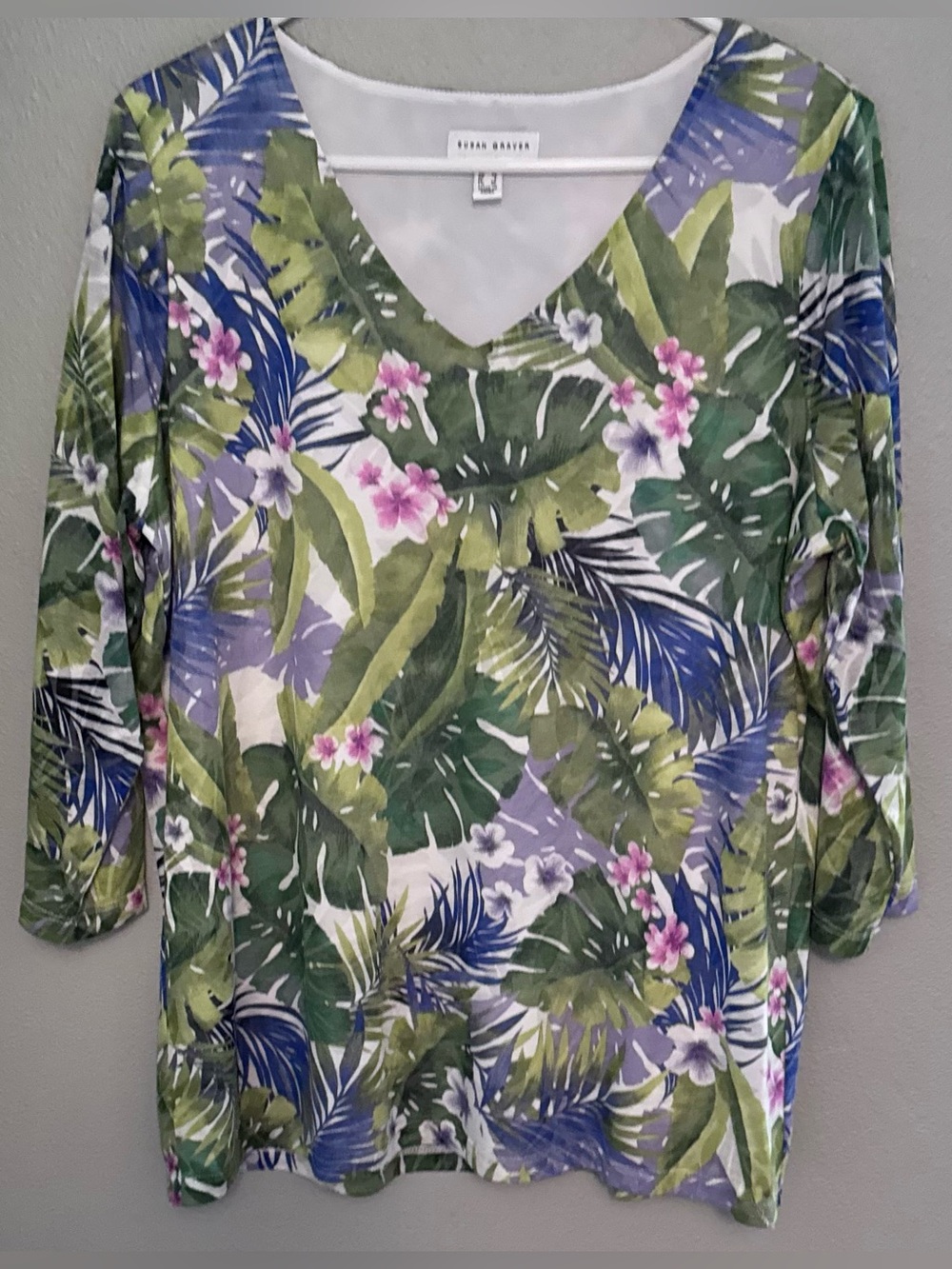 Susan Graver Green, Blue & Pink Tropical V-Neck Tunic